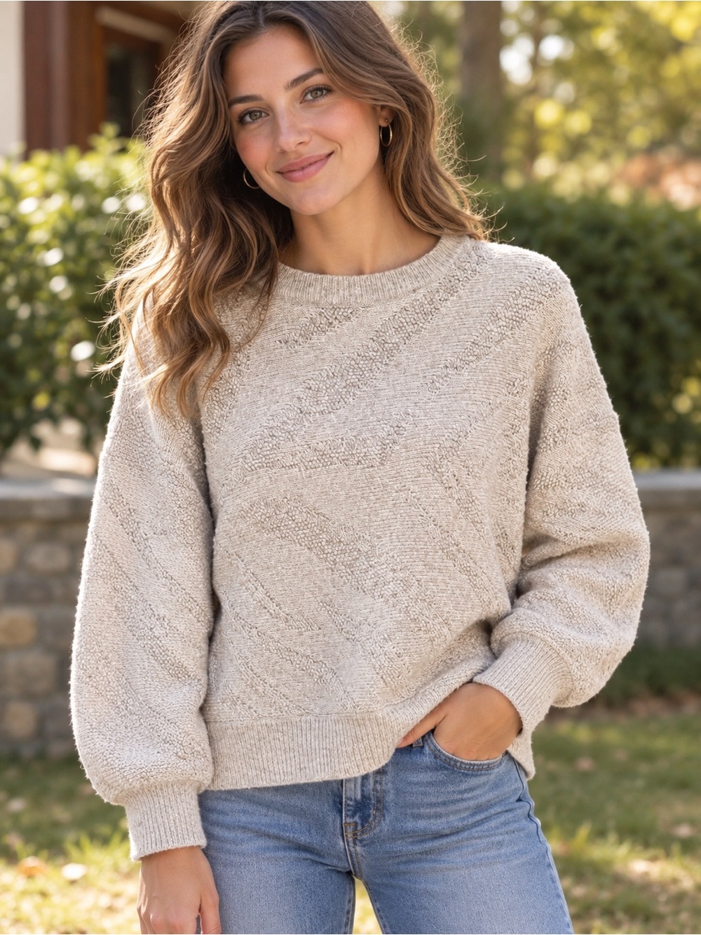 a new day Cream and Beige Textured Crewneck Sweater